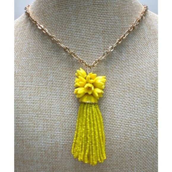 Vintage-Inspired J. Crew Yellow Beaded Tassel Necklace With Gold-Toned Chain Flo - Picture 1 of 7